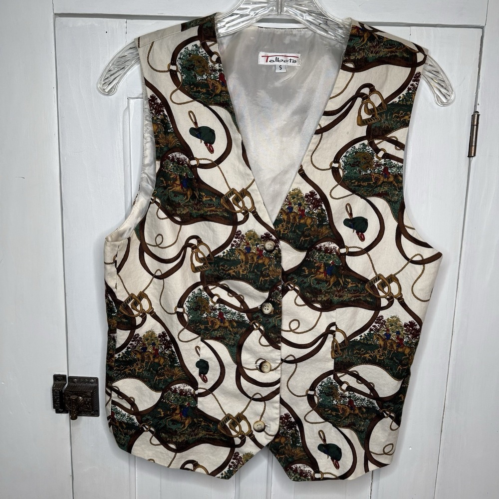 Vintage Talbots Size Small Horse & Dogs Print Vest Women's Farm Barn Cottage
